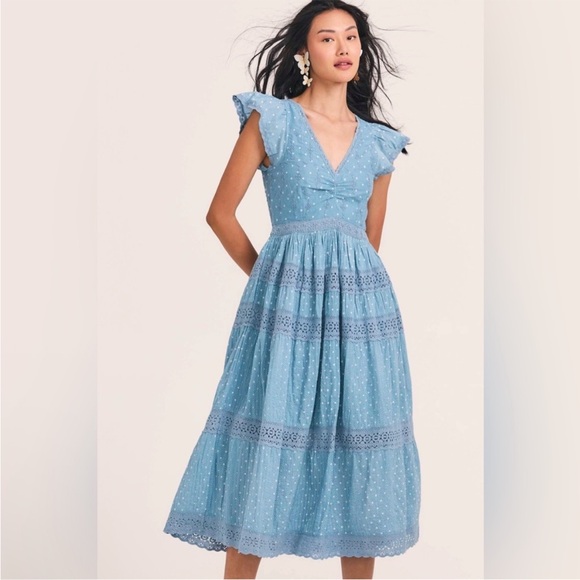 LoveShackFancy Abena Midi Dress Blue Polka Dot Crochet Size 2